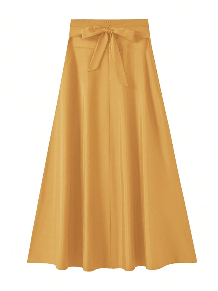New In Dresses Solid Color A-line Skirts for Woman Clothing High Elastic Waist Long Skirt Women With Bow Elegant Women's Skirts