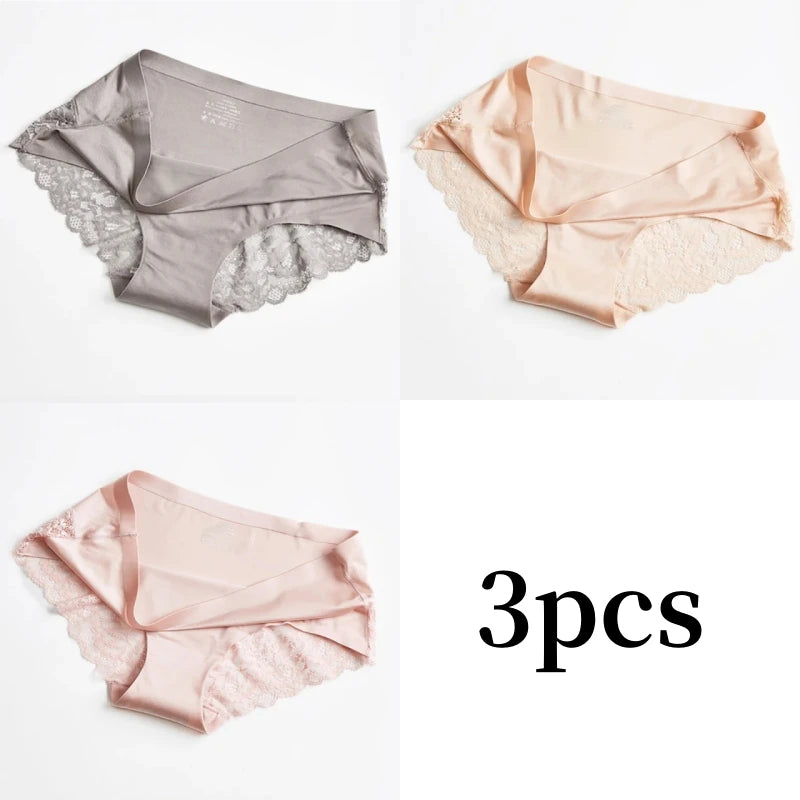 3pcs Lace Women's Panties French Seamless Underwear Female Ice Silk Briefs Solid Color Breathable Underpants Lingerie