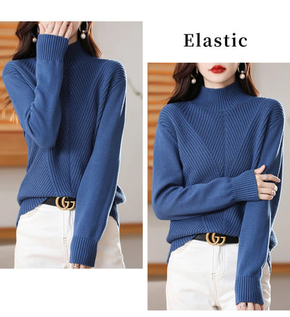 Women 100% Cotton Knit Sweater Half-high Collar Stripe Pullover Autumn Winter Thickened Bottoming Clothing Casual Knitted Tops