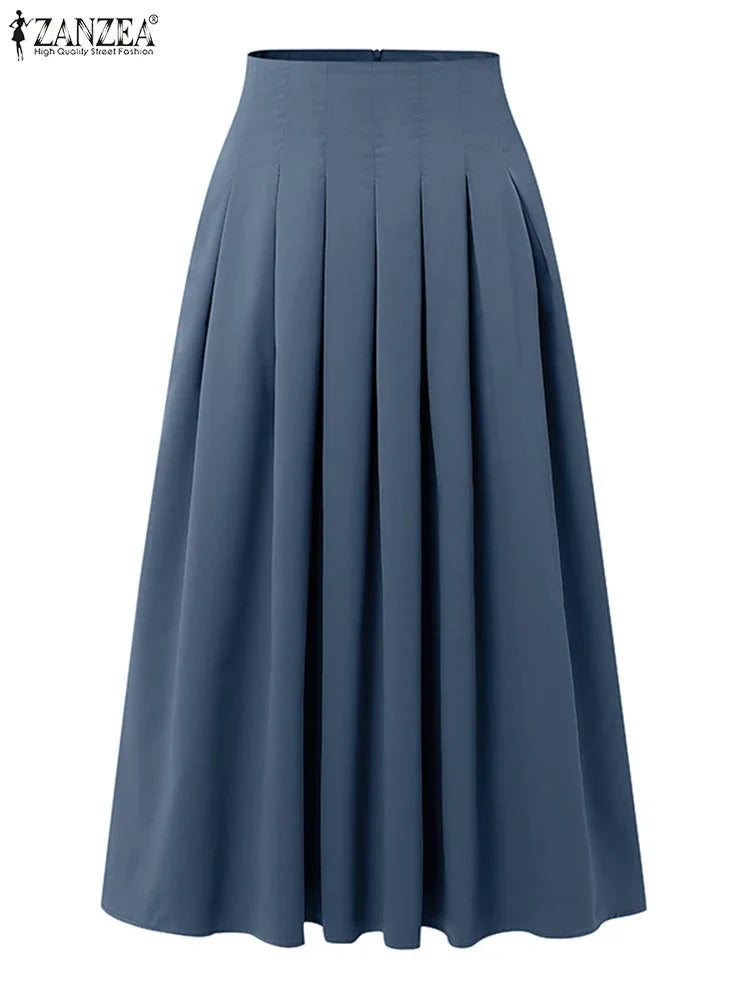 ZANZEA Fashion Holiday Faldas Mujer Casual Women Solid Color High Waist Jupe Femmes Elegant Commute Pleated Front Midi Skirts