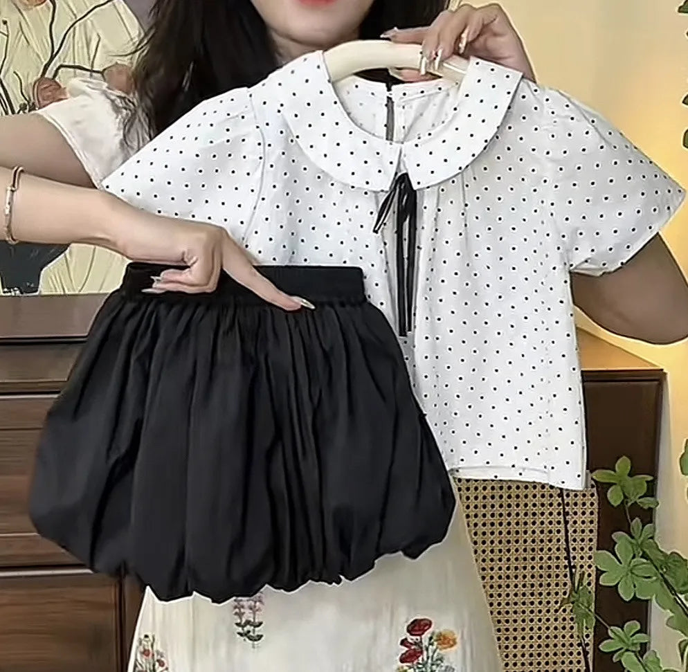 2025 Summer New Children Clothing for Girls Children Turn-down Collar Top for Girls Casual Short Sleeved Polka Dot T-shirt