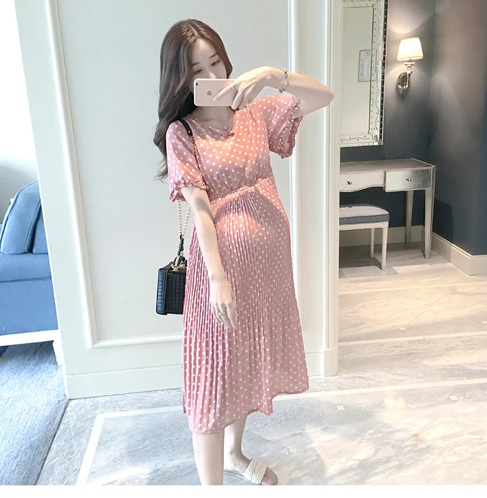 Summer Maternity Dress for Pregnant Women Petal Collar Bubble Sleeve High Waist Peter Pan Casual Temperament Gown