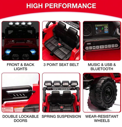 HAUSPROFI 12V Off-Road Ride-On Electric Car Toys for 3+ Years,With LED Lights,Remote Control,Seat Belt ,Bluetooth, 3-Speeds, Suspension