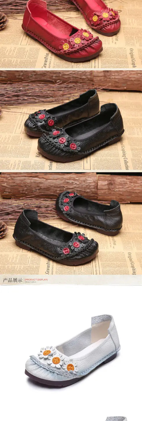 Vintage Flower Moccasins Woman Genuine Leather Ballet Flats Ladies Hollow Slip Ons Women's Luxury Loafer Purple Walking Shoes 42
