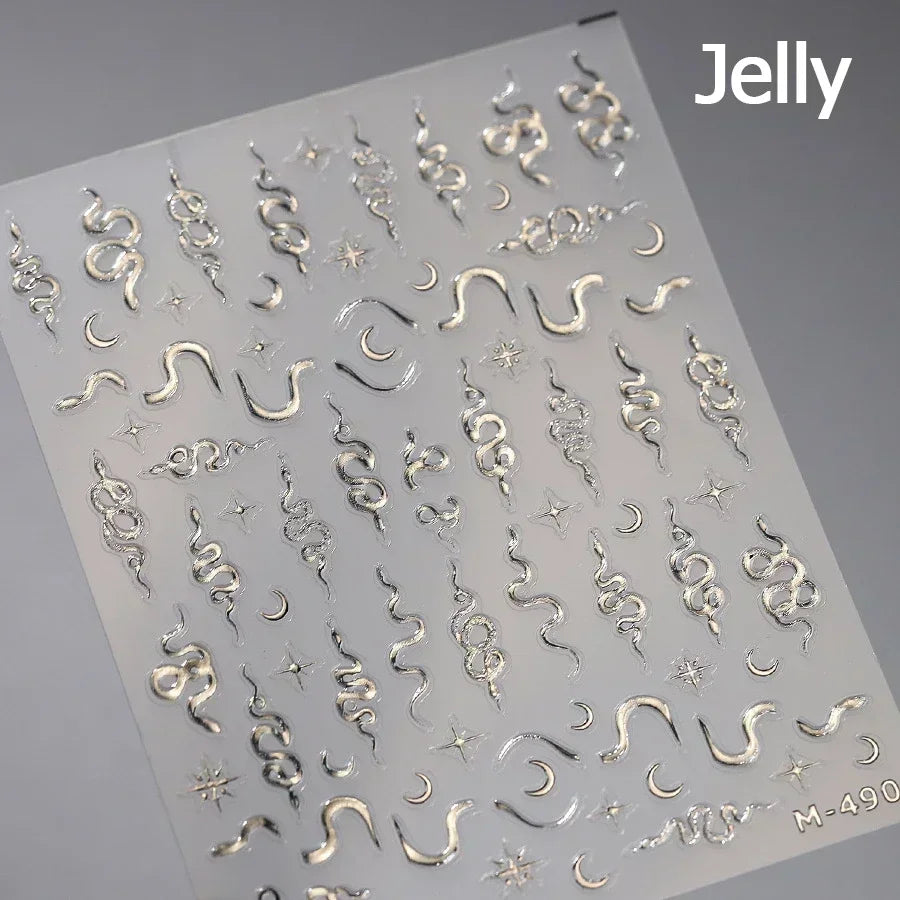 5D Gold Stamped Silver Sun Stars Snake Nail Art Stickers Totems Reliefs Self Adhesive Dark Chinese Style Manicure Decals