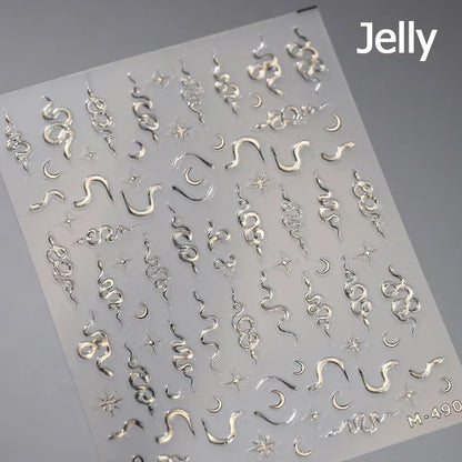 5D Gold Stamped Silver Sun Stars Snake Nail Art Stickers Totems Reliefs Self Adhesive Dark Chinese Style Manicure Decals