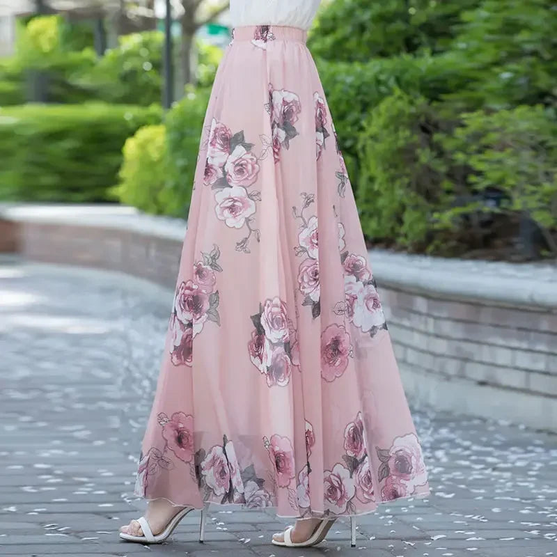 PTKPCC New Chiffon Floral Maxi Summer Skirt Women Long High Waist Holiday Dance Skirt Elegant Beach Boho Hot Sale  Skirts