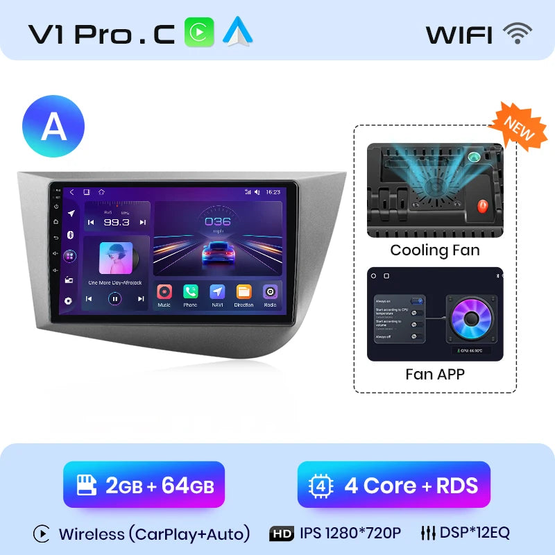 Junsun Wireless CarPlay Android Auto Car Radio for Seat Leon MK2 2005 2006 2007 2008 -2012 2 DIN Multimedia Stereo with Built-in Cooling Fan GPS Navigation SWC Bluetooth FM RDS DSP IPS Screen Car Intelligent Systems 4G WiFi 8