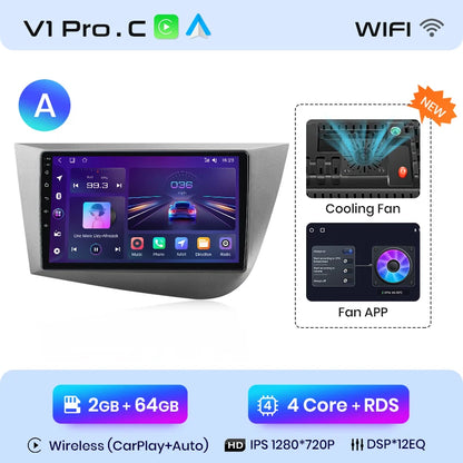 Junsun Wireless CarPlay Android Auto Car Radio for Seat Leon MK2 2005 2006 2007 2008 -2012 2 DIN Multimedia Stereo with Built-in Cooling Fan GPS Navigation SWC Bluetooth FM RDS DSP IPS Screen Car Intelligent Systems 4G WiFi 8