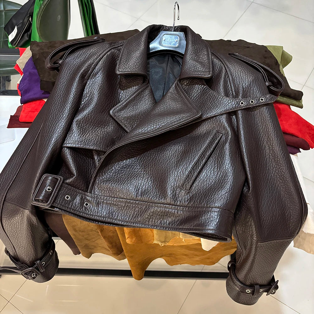 YOLOAgain Wide Shoulder Real Leather Jacket Women Oversized Genuine Leather Cropped Jacket
