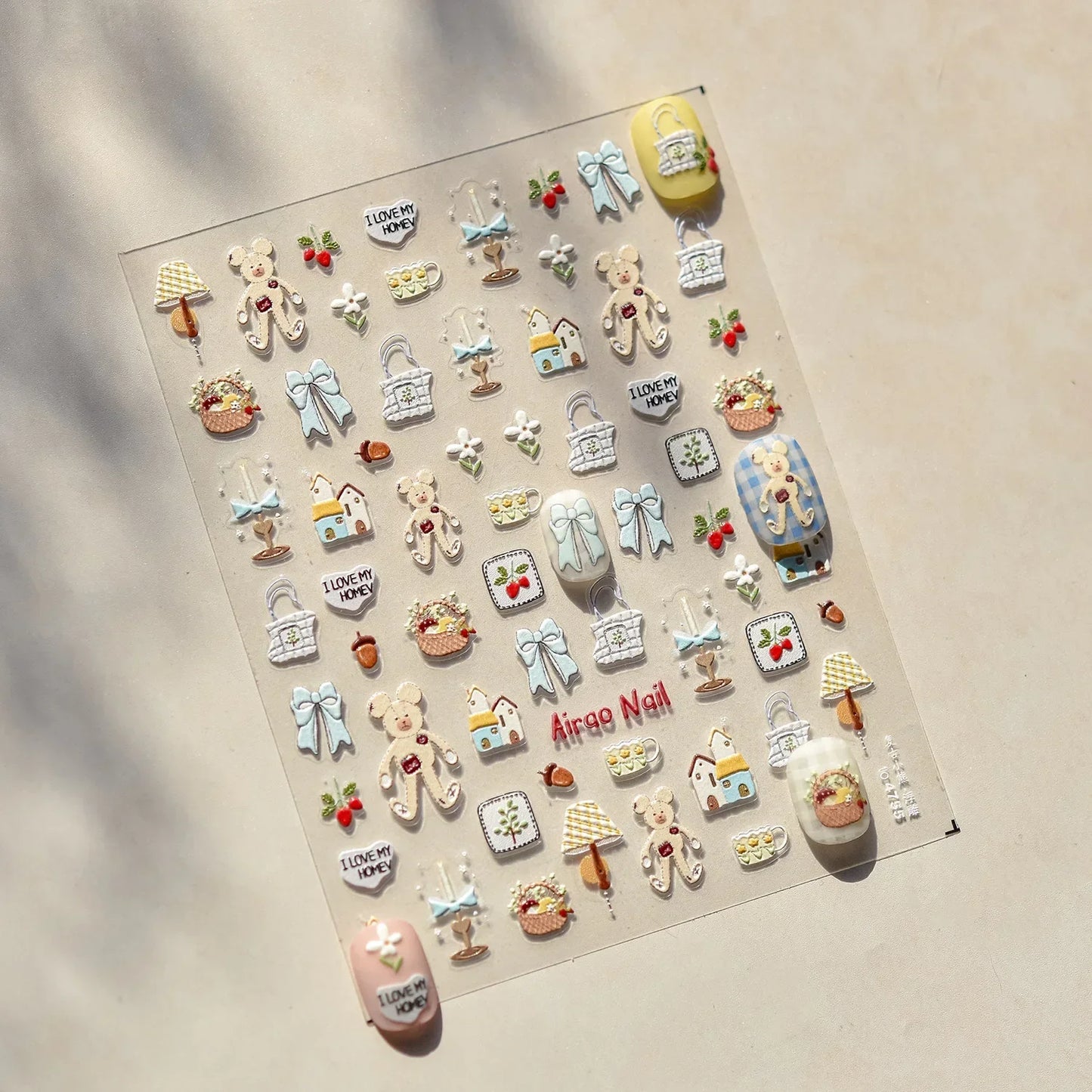 Lovely Animal Graffiti Cat Claw Rabbit Bunny Bear Dog Flower Fruit Dim Sum Candy Sunflower Adhesive 5D Nail Art Stickers Decal