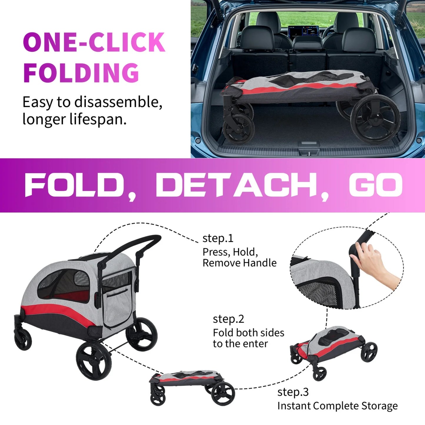 Heavy Duty Pet Wagon & Large Dog Stroller , Collapsible Dog Cart with Adjustable Handle, Breathable Mesh and Storage Pockets