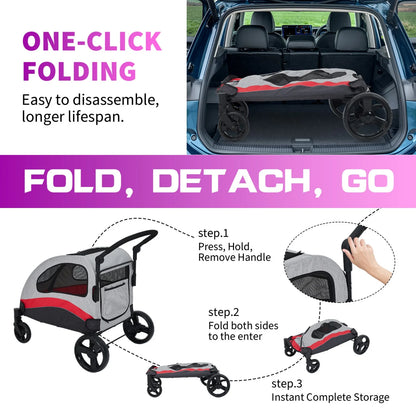 Heavy Duty Pet Wagon & Large Dog Stroller , Collapsible Dog Cart with Adjustable Handle, Breathable Mesh and Storage Pockets