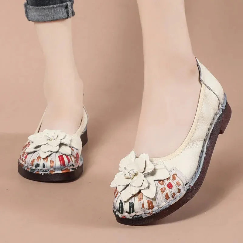 Vintage Flower Moccasins Woman Genuine Leather Ballet Flats Ladies Hollow Slip Ons Women's Luxury Loafer Purple Walking Shoes 42