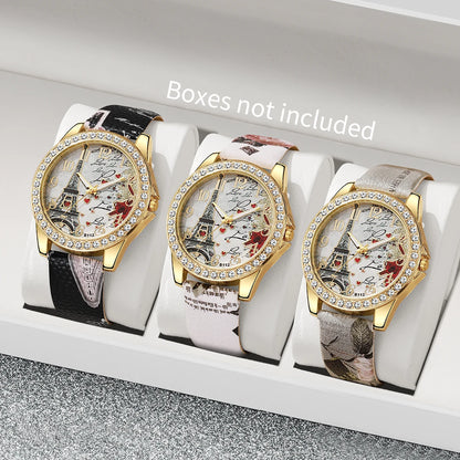 2/3/4/5PCS Fashion Rhinestone Women's Watch Flowers Printed Leather Band Female Quartz Watches Bracelets Set（Without Box）