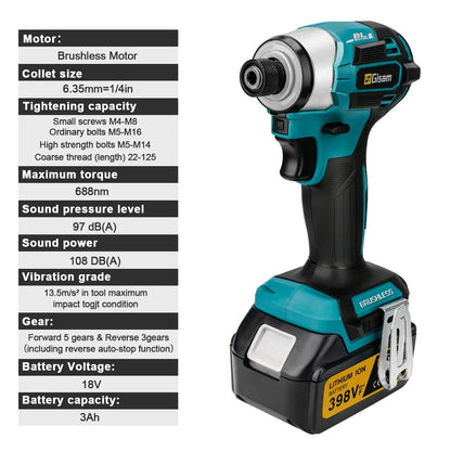 688N.m 1/4'' Brushless Electric Screwdriver Cordless Screwdriver Electric Drill Impact Driver Kit for Makita 18V Battery Pin