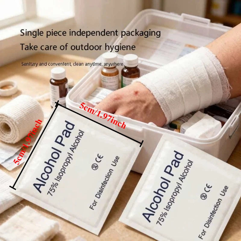 First aid box essential, 75% alcohol swabs 100 pieces per pack, skin wound disinfection and cleaning supplies