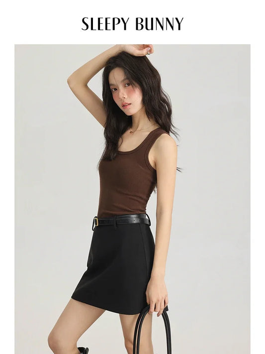 Spring Women U-Neck Knit Tank Top Cashmere-Like Fabric Elastic Slim Fit Sleeveless Camisole Solid Color Base Layer Stylish Vest