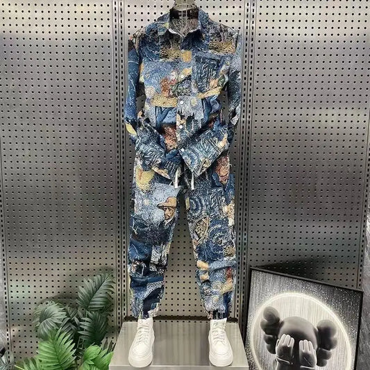 Spring Autumn Streetwear oil painting Men Set Popular Painted Shirt Jacket Trousers Fashionable Casual Versatile Two-piece Sets