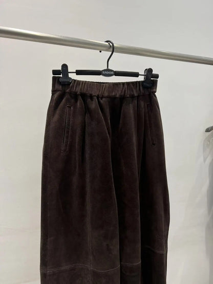 Retro Suede Leather Cropped Pants for Women Femae Genuine Leather Wide Leg Floor Long Trousers Straight Cylinder Spodnie Damskie