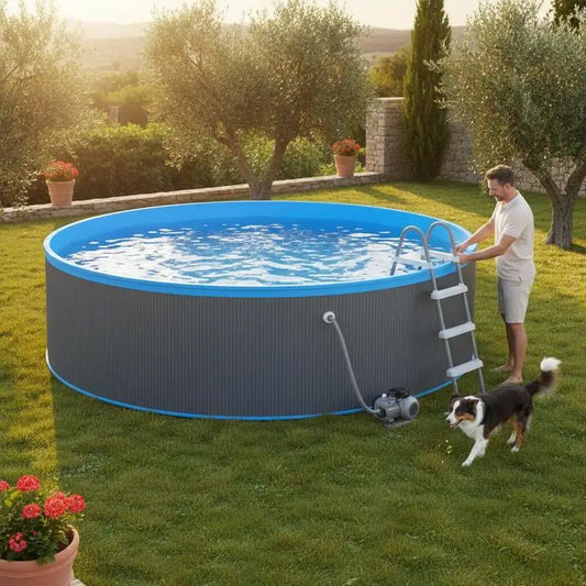 Steel Wall Round Pool 350 X 90 cm Grey with Skimmer and Filter Pump, Above Ground Pool for Garden and Patio, Family Pool for Adults and Children, Swimming Pool Set for Summer Leisure and Outdoor Relaxation, Garden Pool for Ho