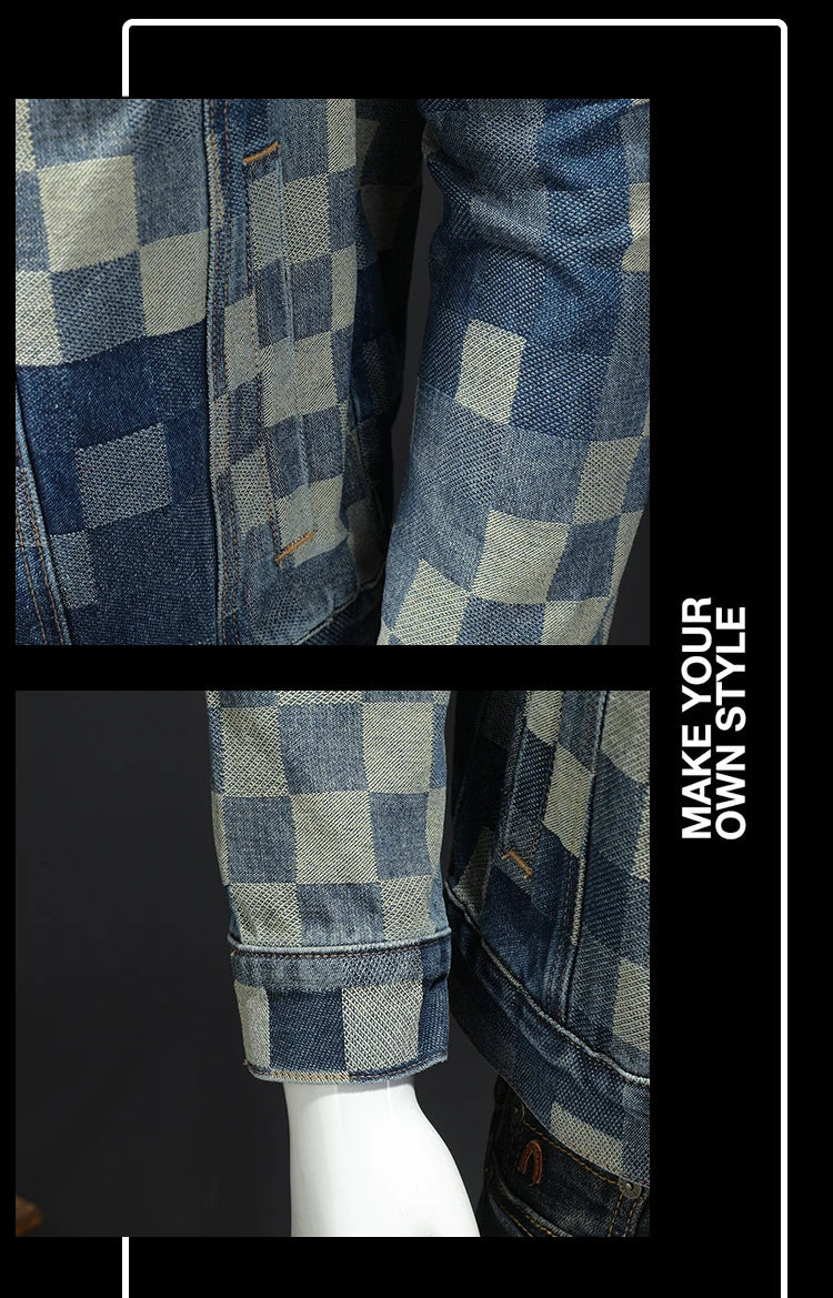 2025 Autumn Vintage Checkered Denim Jacket for Men Flip Collar Single Breasted Casual Business Jacket Social Street Wear Jeans