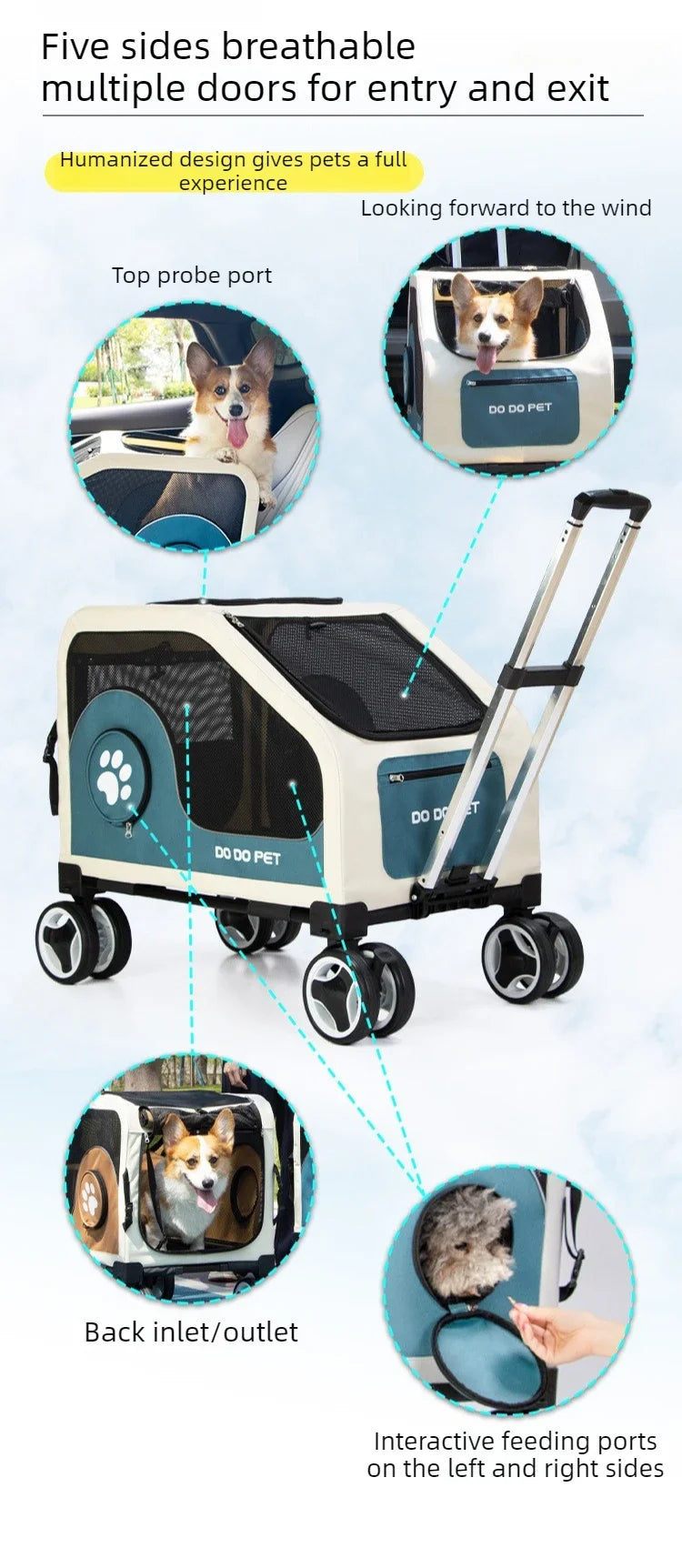 Foldable Large Pet Stroller with Telescopic Handle&Silent Wheels,Breathable Mesh Pet Trolley Cart for Medium Pet Outdoor Travel