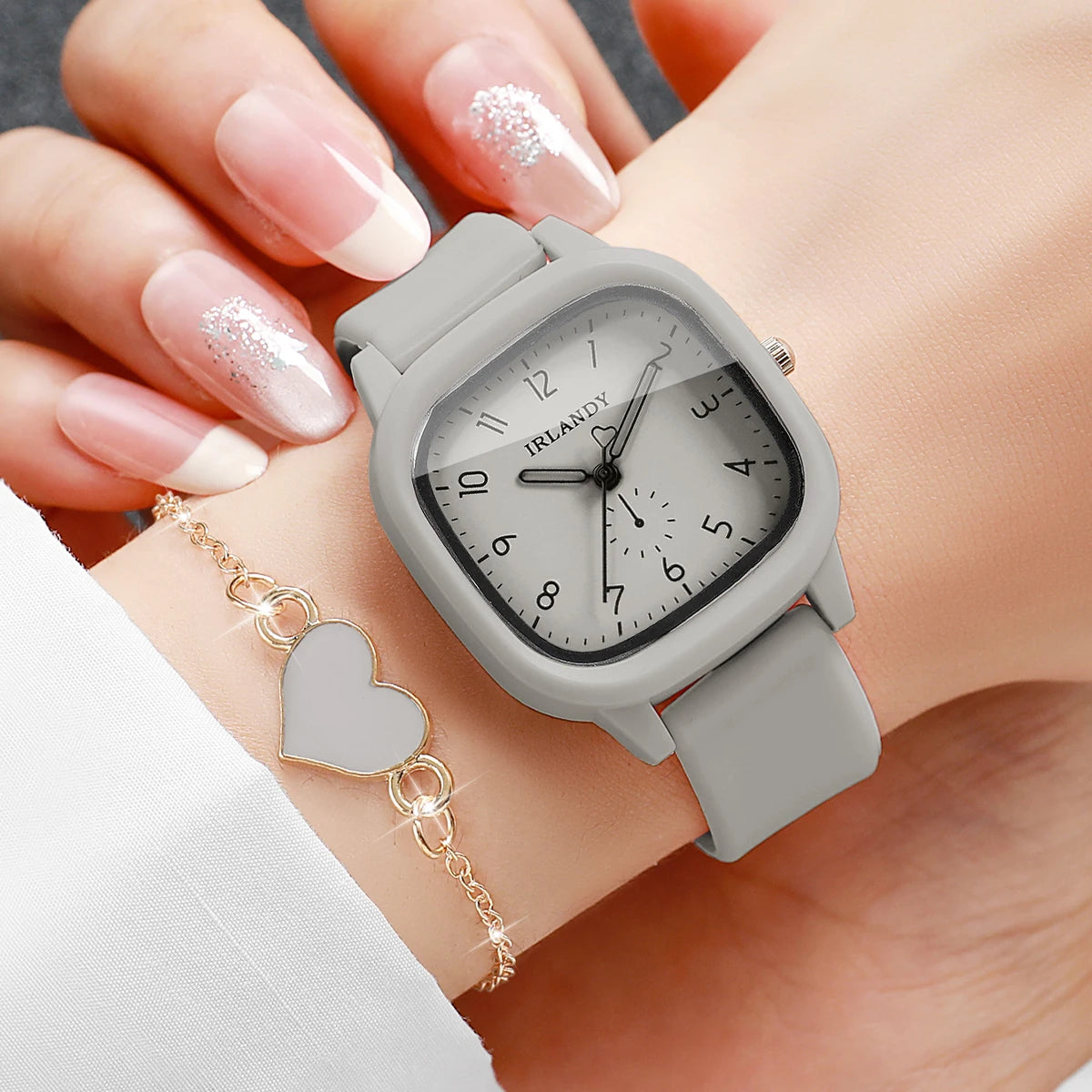 2PCS Fashion Arabic Dial Women Quartz Watch Heart Bracelet Set Square Silicone Strap Wristwatches Reloj Mujer (Without Box)