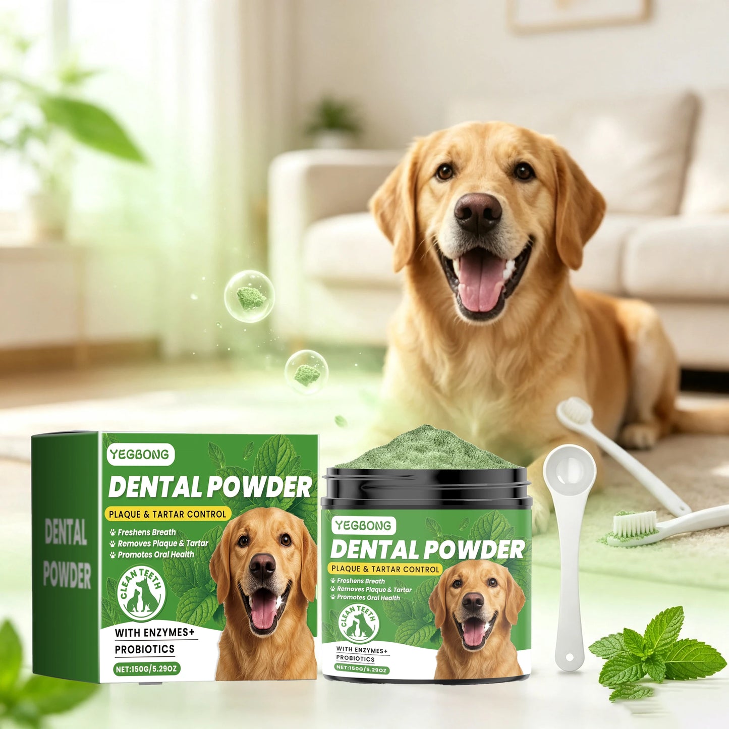 150g Mint Dog Dental Cleaning Powder Gentle Remove Teeth Stain Prevent Plaque Tartar Removal Refreshing Breath Dog Teeth Cleaner