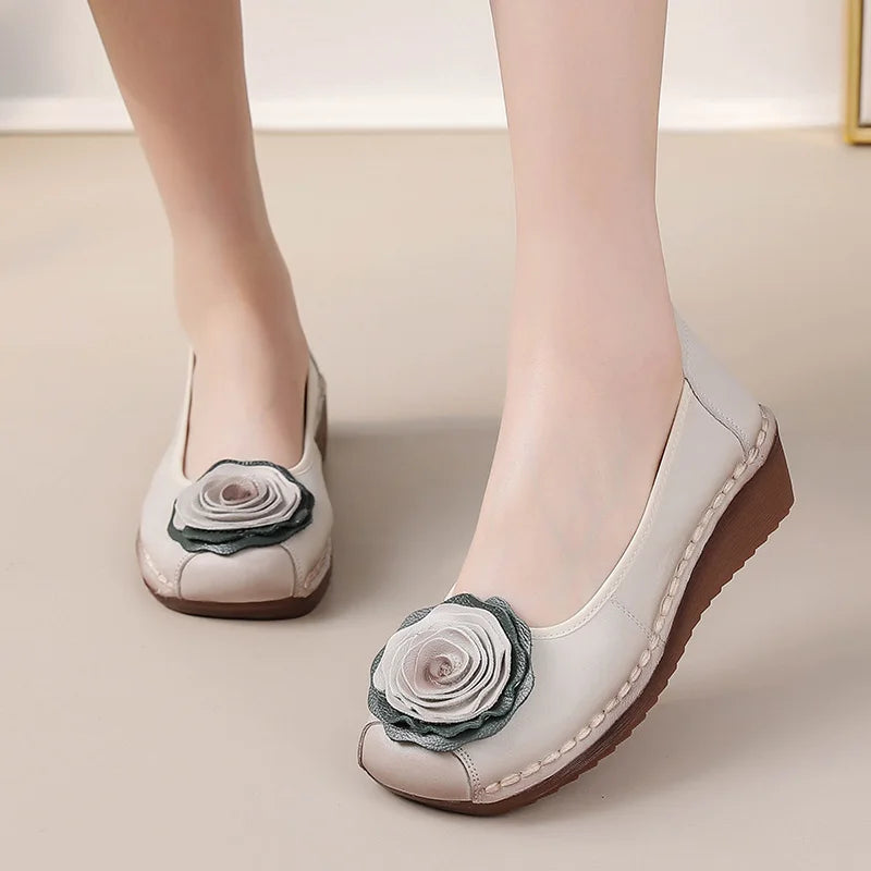 Vintage Flower Moccasins Woman Genuine Leather Ballet Flats Ladies Hollow Slip Ons Women's Luxury Loafer Purple Walking Shoes 42