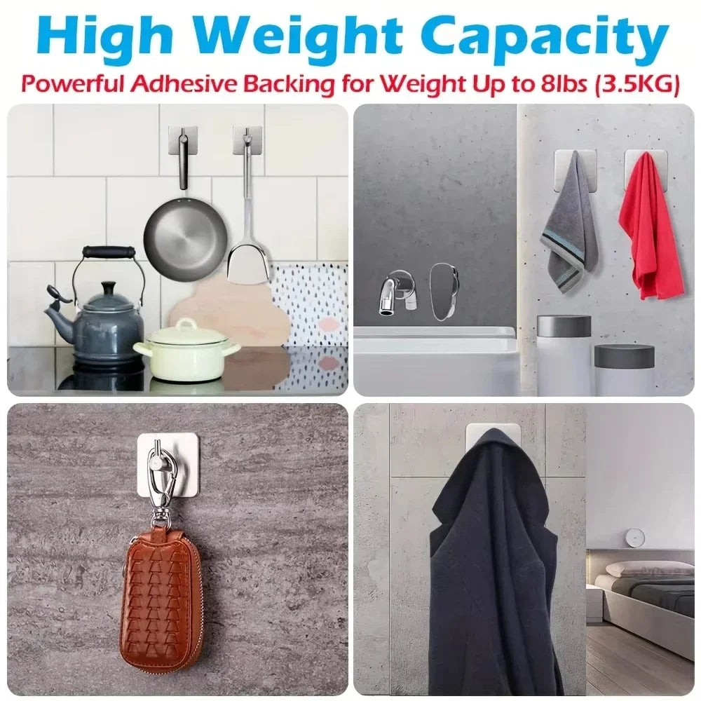 4pcs Self-Adhesive Towel Hooks 304 Stainless Steel Stick-On Wall Hooks For Home Coat Robe Bathroom Organization Accessories