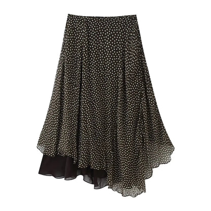 Nlzgmsj 2026 Spring Summer Women's Vintage Black Polka Dot Ruffle Hem Skirt  Asymmetrical Hem Midi Skirt