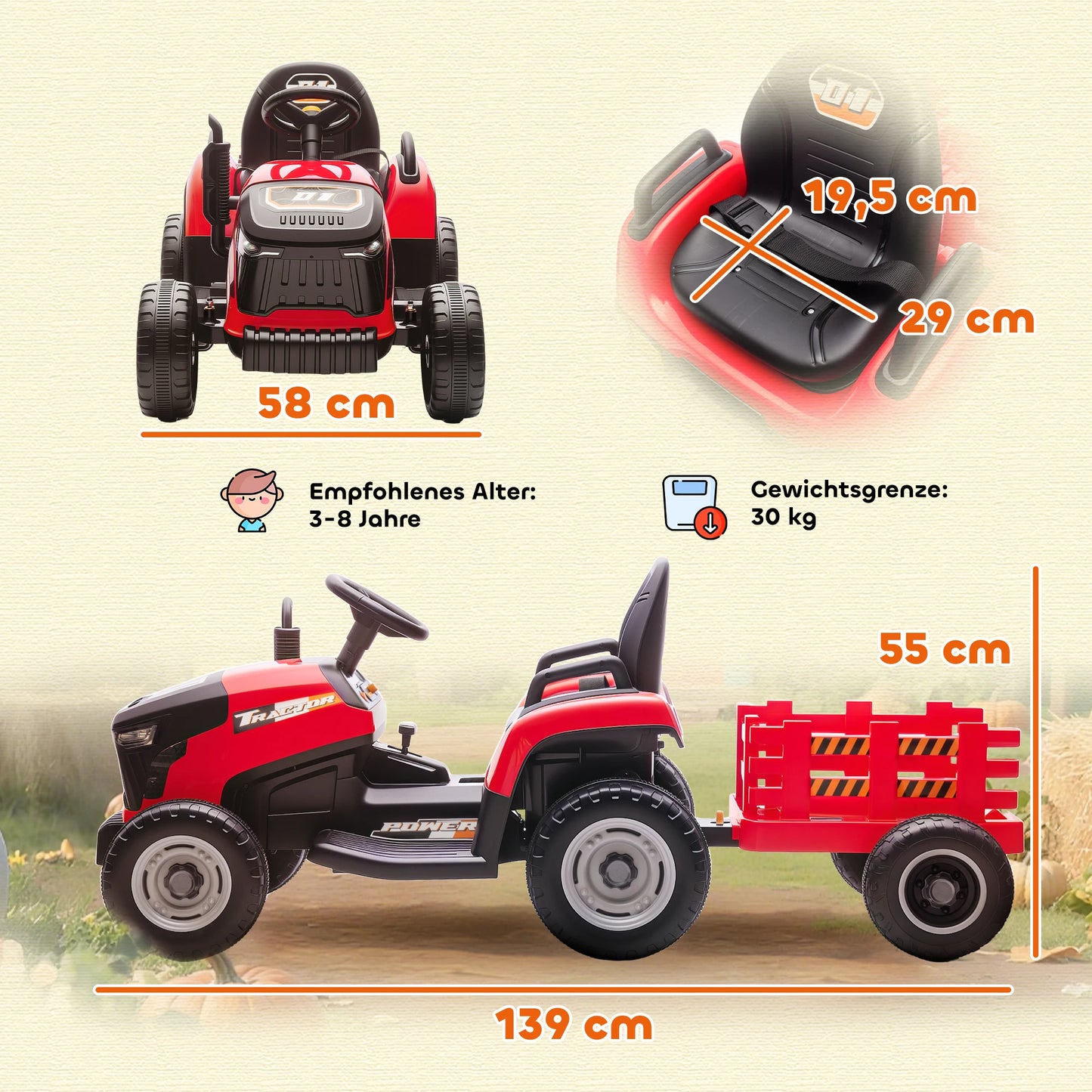 Electric tractor for children, ride-on tractor, with remote control, gradual start, suitable for children aged 3 to 8, red, toy car for children, ride-on tractor, electric toy car for children