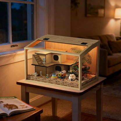 Large Wooden Hamster Cage Clear Tempered Glass Pet Small Animal Habitat Cage Playful Hutch House