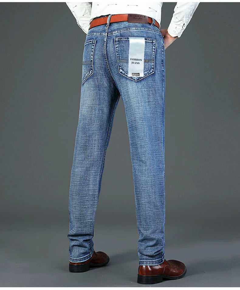 2026 Brand Slim Washed Jeans Casual Straight Stretch Fashion Classic Blue Black Work Denim Trousers Male Brand Clothing