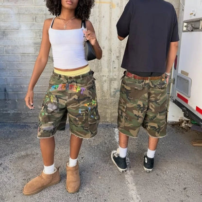 Y2K American Cargo Shorts Paint Splatter Camouflage Pattern Bottom New Trendy Retro Hip Hop Streetwear Unisex Baggy Short Pants