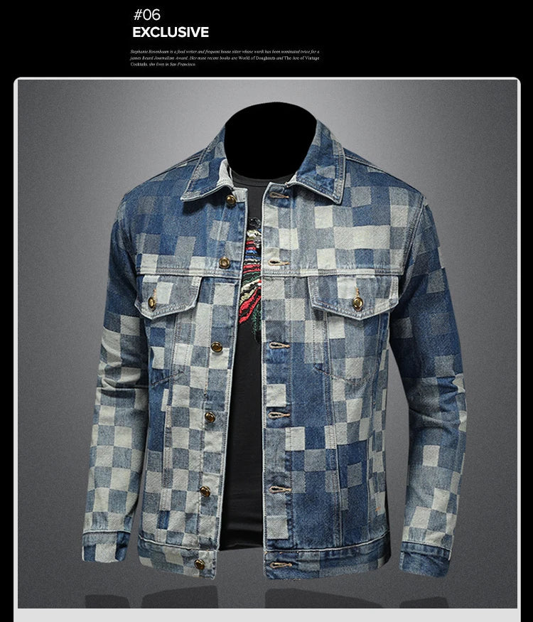 2025 Autumn Vintage Checkered Denim Jacket for Men Flip Collar Single Breasted Casual Business Jacket Social Street Wear Jeans