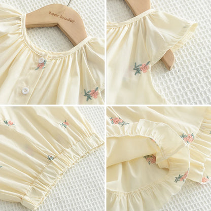 Girls' Summer Fashion Set Children's Flower Print Flying Sleeve Top+Shorts Two Piece Cute Little Girl Refreshing Set
