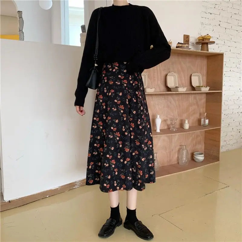 Women Floral Corduroy Midi Skirt High Waist A Line Printed Swing Long Skirt For Spring Autumn