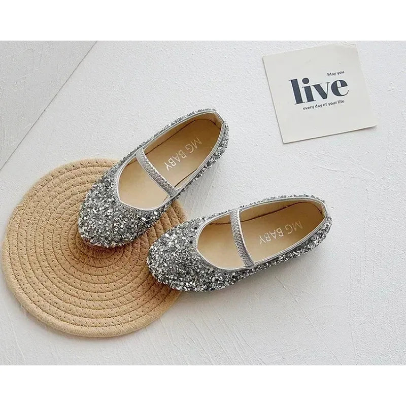 2025 Spring 1 to 12 years old girls dress shoes Beauty Pointed Toe Teen Girl Leather Shoes Bling Princess Wedding Shoes
