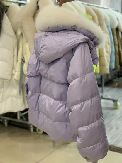 2024 Winter Women Warm Coat Oversized Real Fox Fur Collar Thick Luxury Outerwear New Fashion 90% Goose Down Jacket