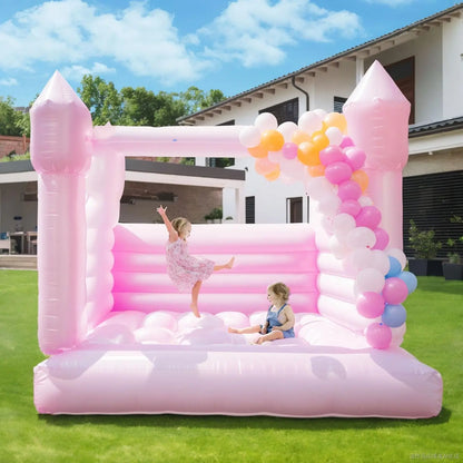 Commercial Pink Inflatable Bounce House Castle with Air Blower White Jumper Wedding Bouncy Castle with Canopy Covering