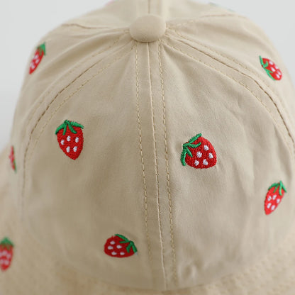 Boys Cute Sun Bucket Cap 48-50cm Spring Summer New Girl Fisherman Hat with Strawberry Embroidery Fashion Kids Toddler Outfit Cap