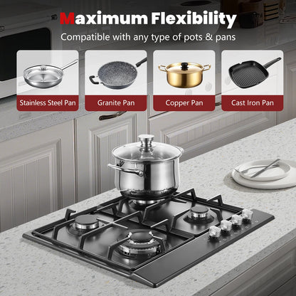 4 Burners Black Enamelled Plate 58 cm Automatic Flame Protection, Natural Gas and Propane Gas, Built-in Gas Hob