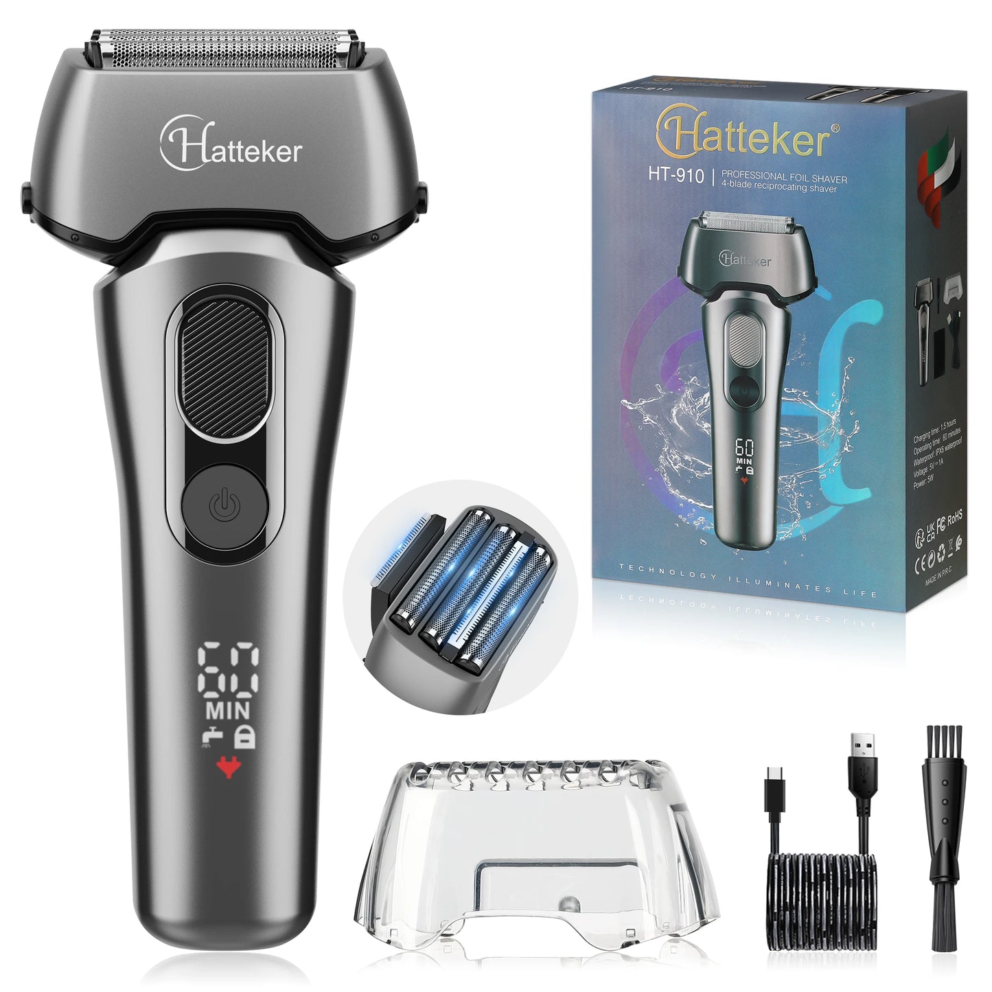 Hatteker 5-D Reciprocating Shaver for Men Home Use Beard Trimmer with LCD Digital Display Mesh Whitener USB Haircut Machine