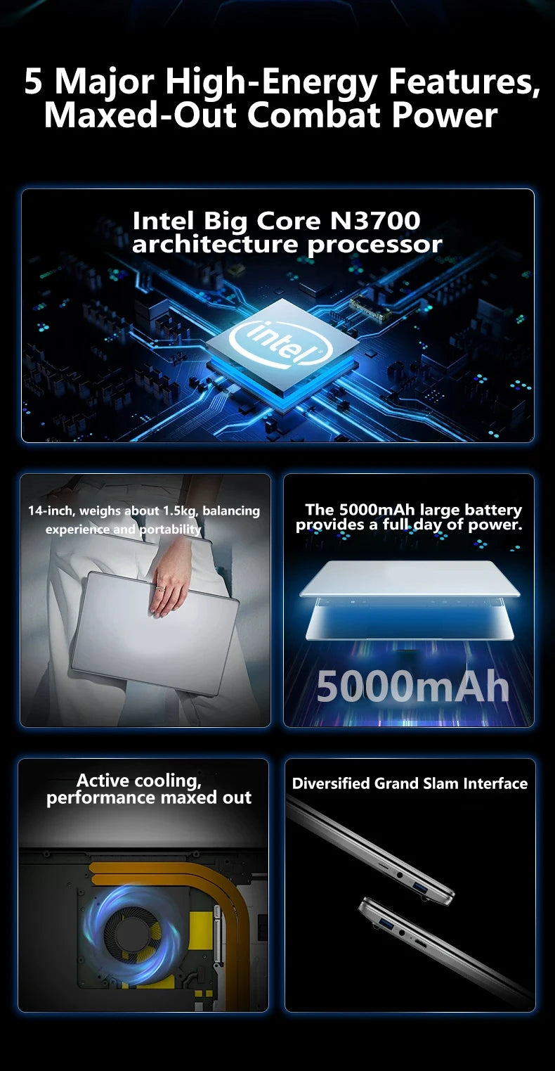 LENO Laptop 14.1" Windows 11 16GB RAM 2TB SSD Intel N3700 Ultra Slim Notebook Gamer 1080P  Display Office Study Computer PC