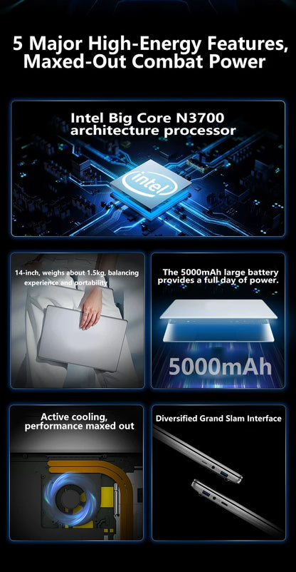 LENO Laptop 14.1" Windows 11 16GB RAM 2TB SSD Intel N3700 Ultra Slim Notebook Gamer 1080P  Display Office Study Computer PC