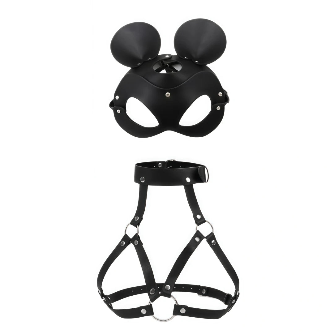 Leather Cat Mask & Body Harness Set Women Erotic Bondage BDSM Fetish Lingerie Gothic Masquerade Cosplay Accessories