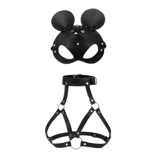 Leather Cat Mask & Body Harness Set Women Erotic Bondage BDSM Fetish Lingerie Gothic Masquerade Cosplay Accessories