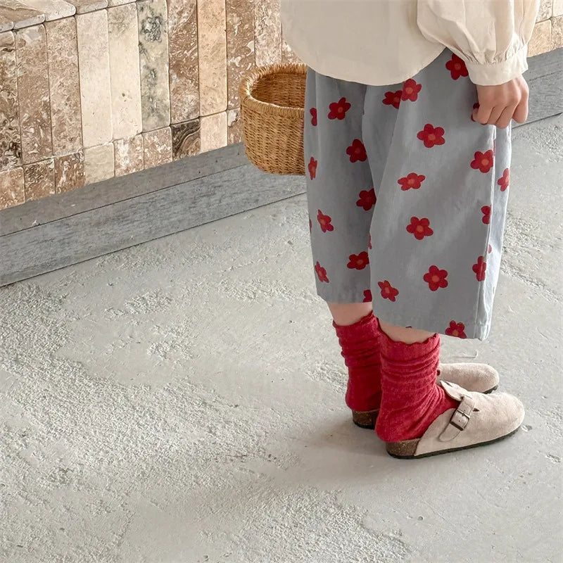 Spring/Summer Calf Length Pants for Girls Floral Print Anti-mosquito Breeches Korean Kid's Loose 7 Point Pants Childrens Clothes